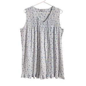Eileen West Sleep Dress Short White Blue Floral Print Ruffle Hem Sleepwear Large